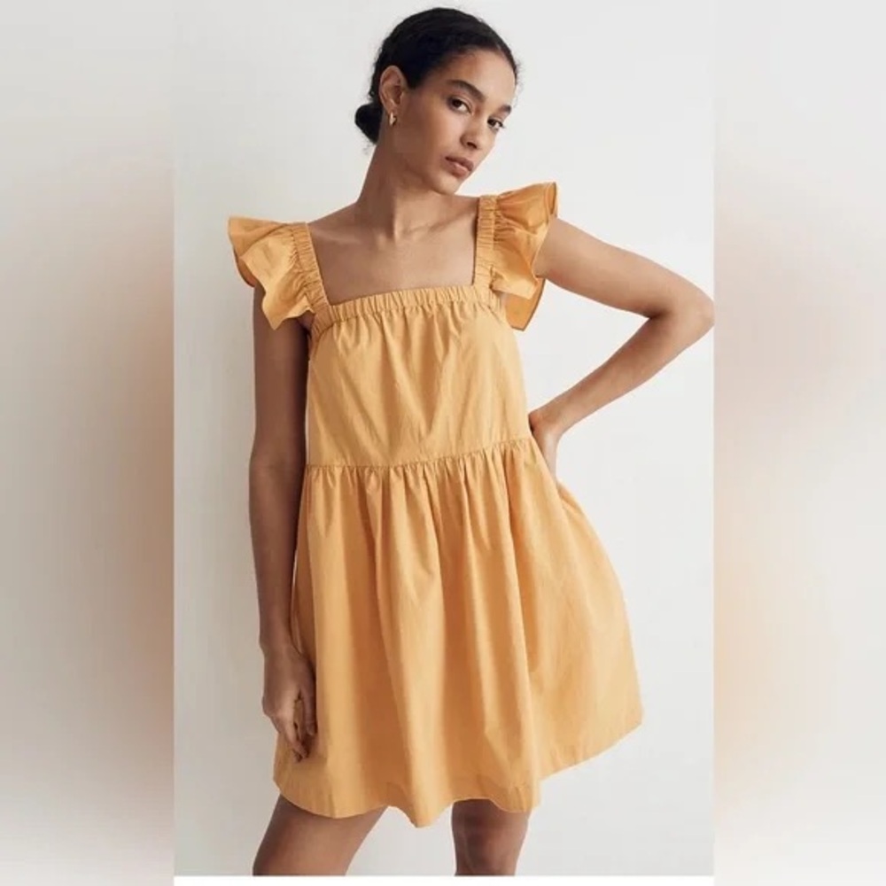 Madewell Flutter Sleeve Square Neck Mini Dress Autumn Wheat